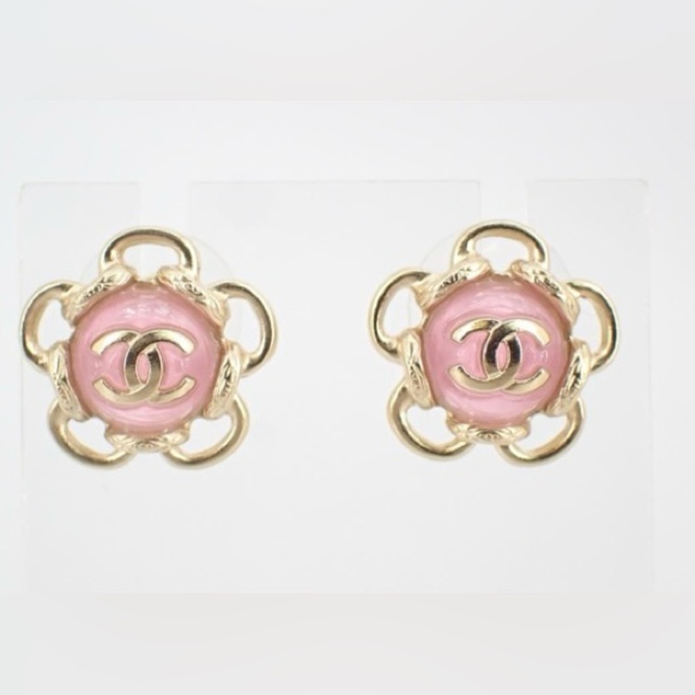 CHANEL Gold and Pink Logo Earrings